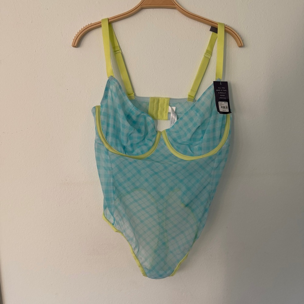 Cacique Teal Lime Gingham Mesh Underwire Bodysuit 38DDD NWT